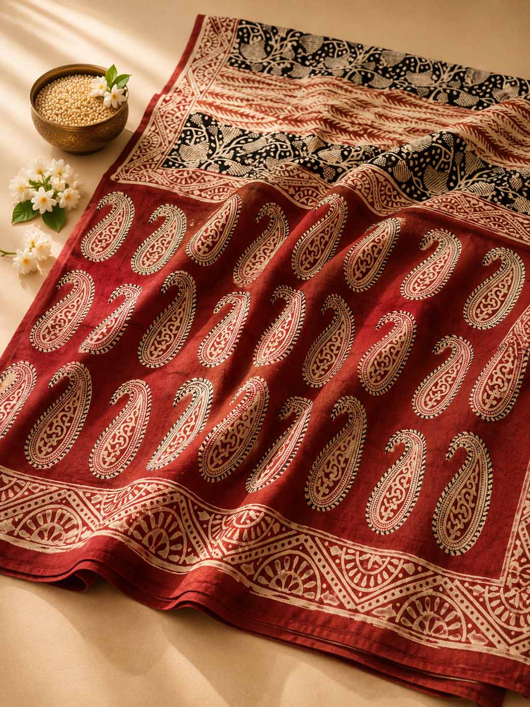 Black and Nude Panel Hand Block Print Cotton Saree