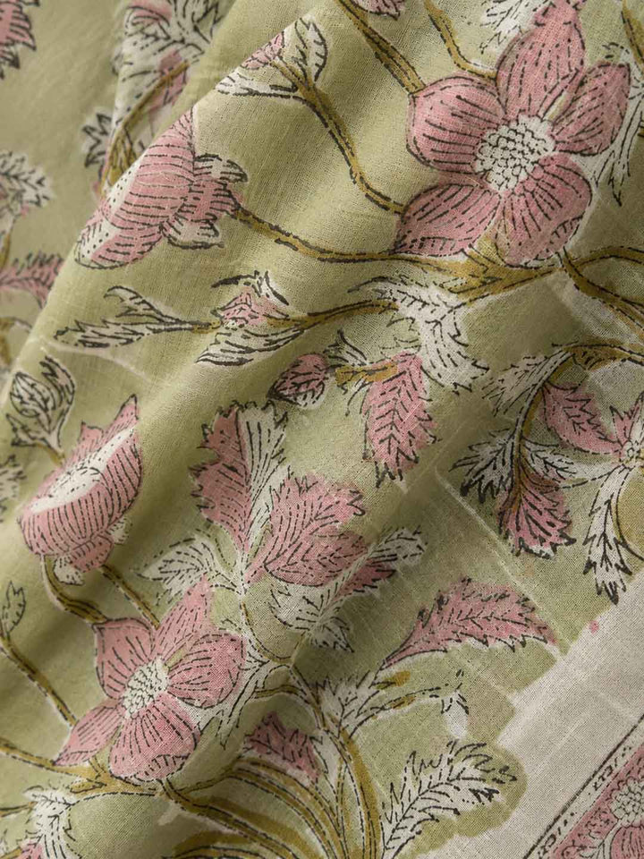Pink and Sage Green Floral Print Cotton Saree