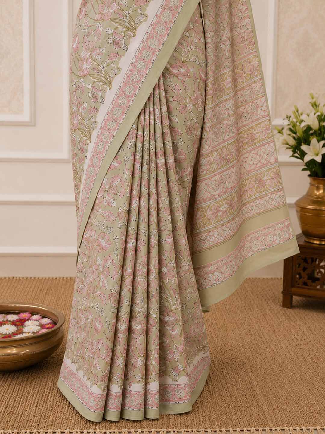 Pink and Sage Green Floral Print Cotton Saree