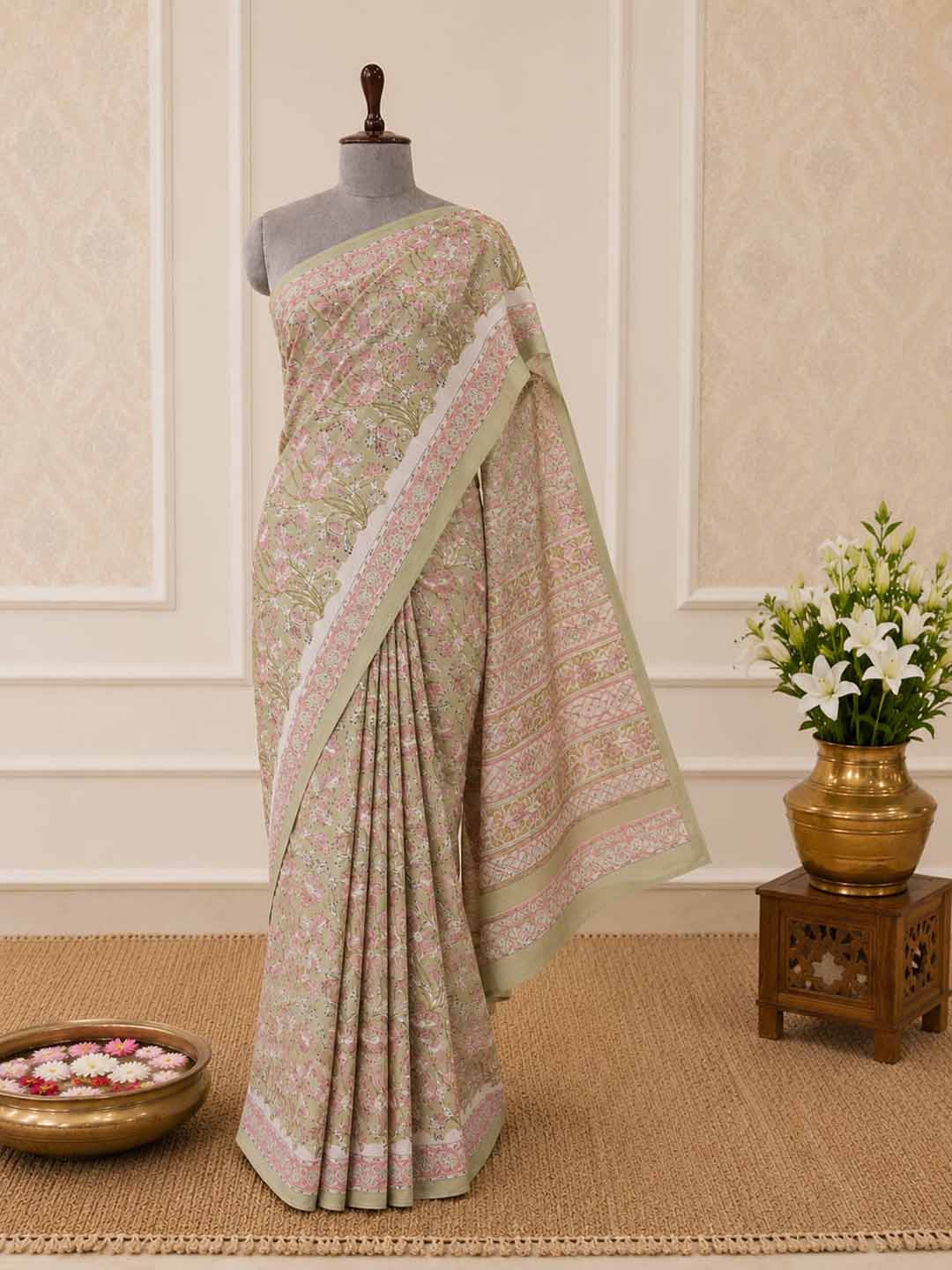 Pink and Sage Green Floral Print Cotton Saree