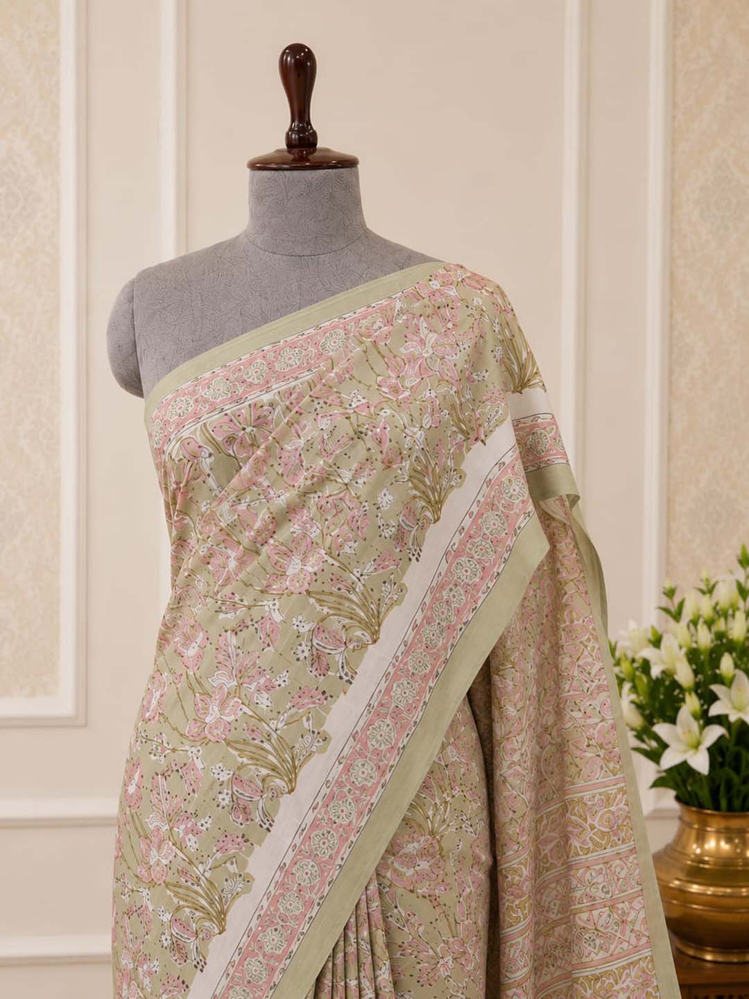 Pink and Sage Green Floral Print Cotton Saree