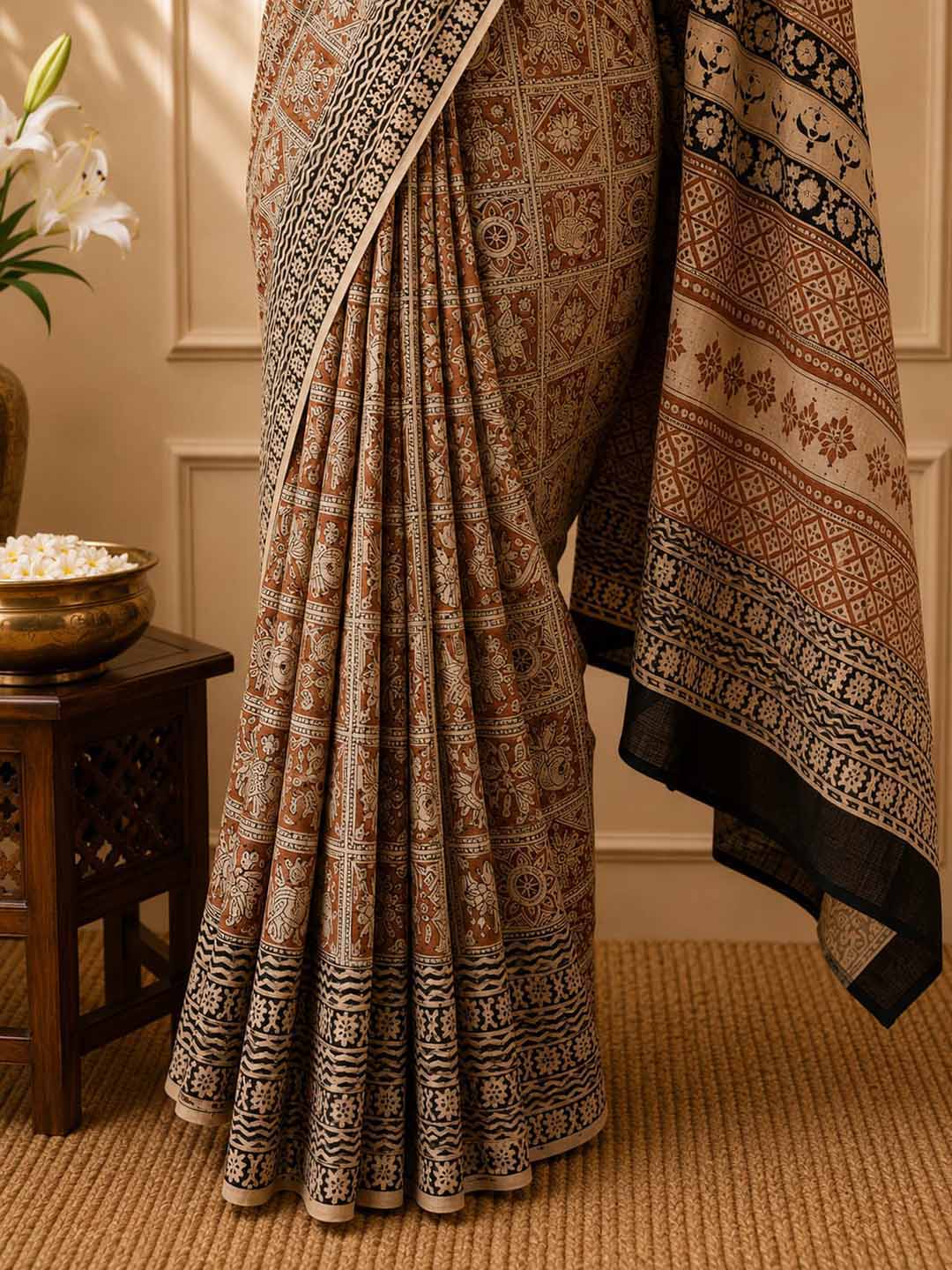 Mustard Yellow and Black Floral Print Cotton Saree
