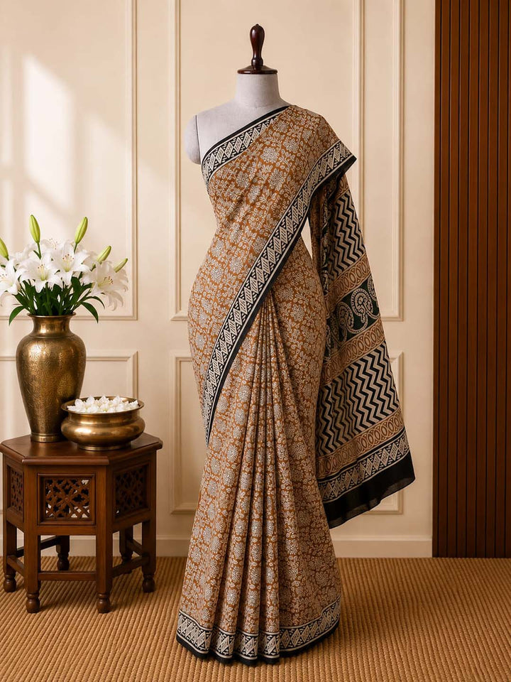 Mustard Yellow and Black Floral Print Cotton Saree