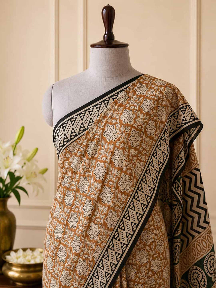 Mustard Yellow and Black Floral Print Cotton Saree