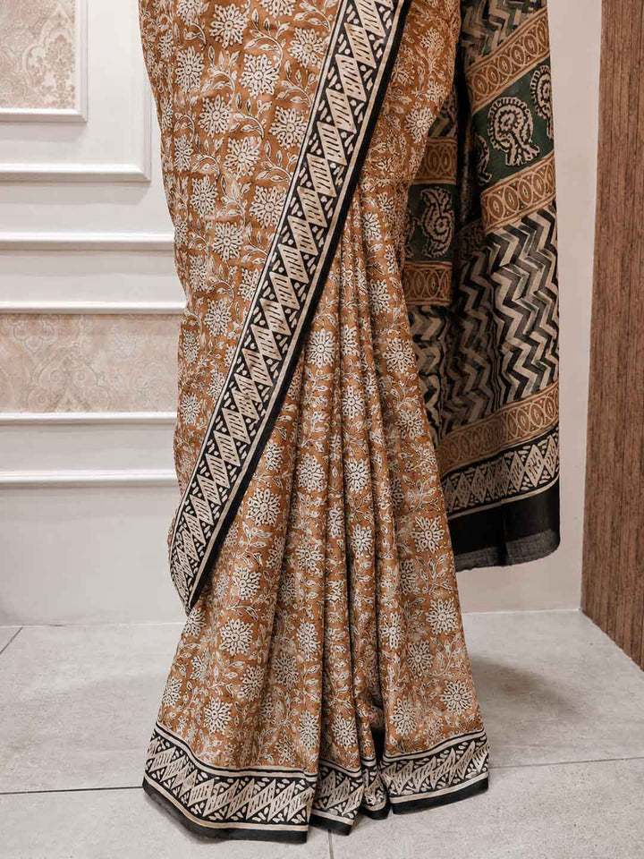 Mustard Yellow and Black Floral Print Cotton Saree