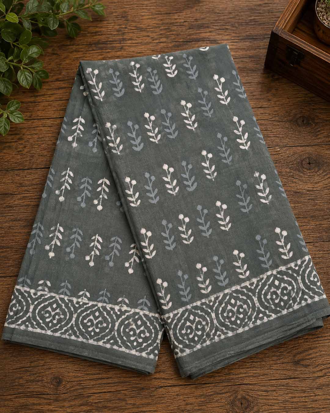 Grey And  White Hand Block Print Cotton Saree