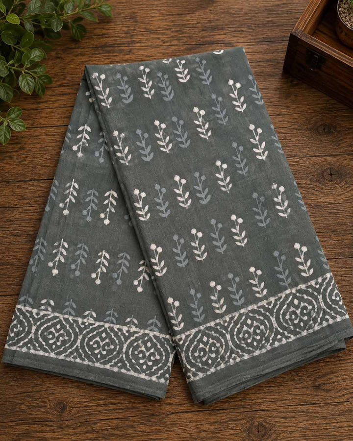Grey And  White Hand Block Print Cotton Saree