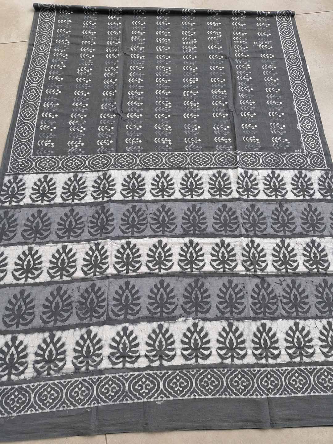 Grey And  White Hand Block Print Cotton Saree