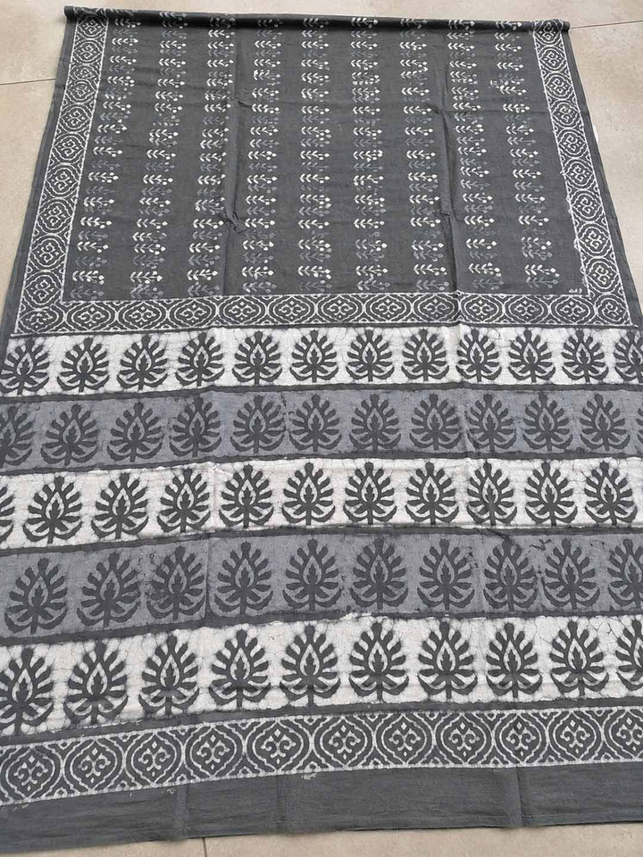 Grey And  White Hand Block Print Cotton Saree