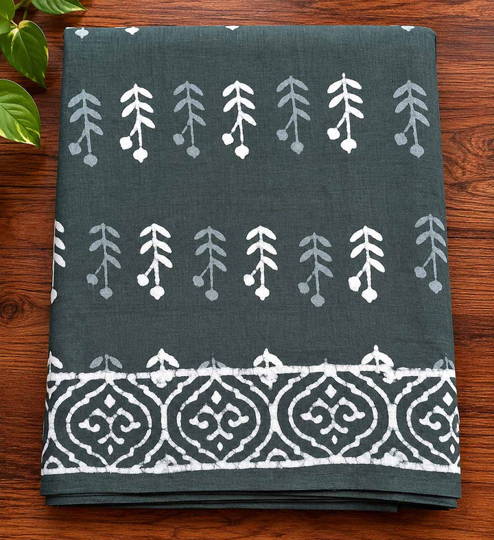 Grey And  White Hand Block Print Cotton Saree