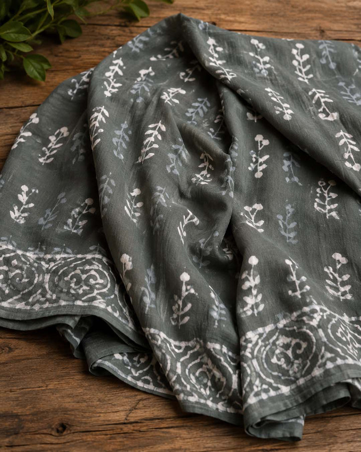 Grey And  White Hand Block Print Cotton Saree