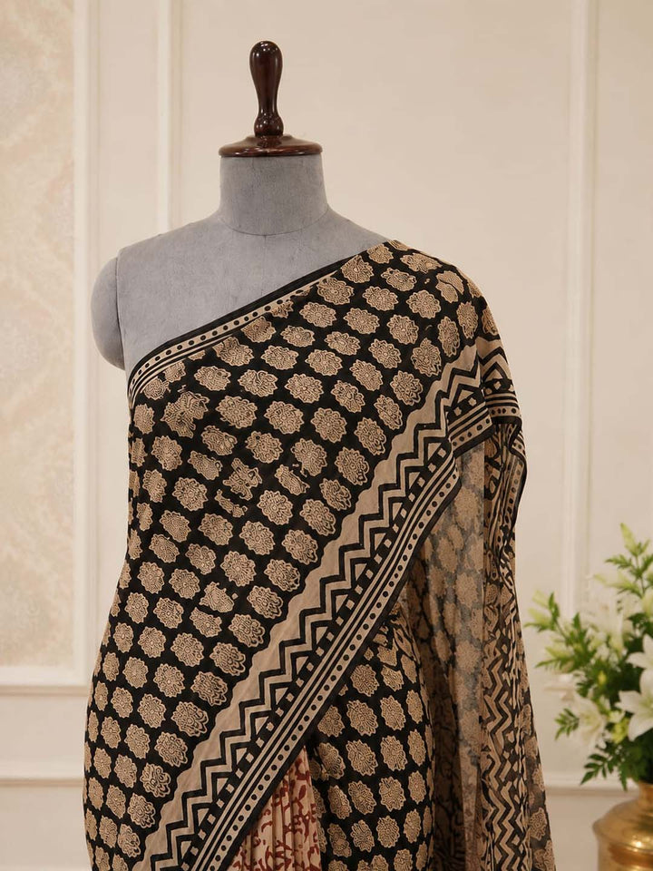 Beige and Black Floral Print Cotton Saree