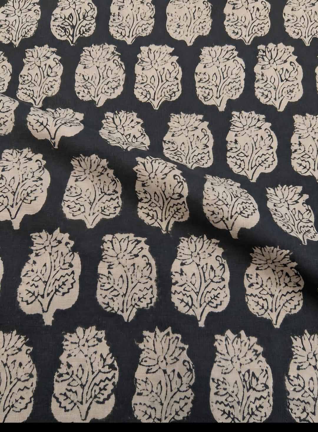 Beige and Black Floral Print Cotton Saree