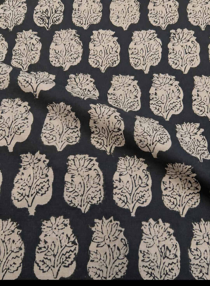 Beige and Black Floral Print Cotton Saree