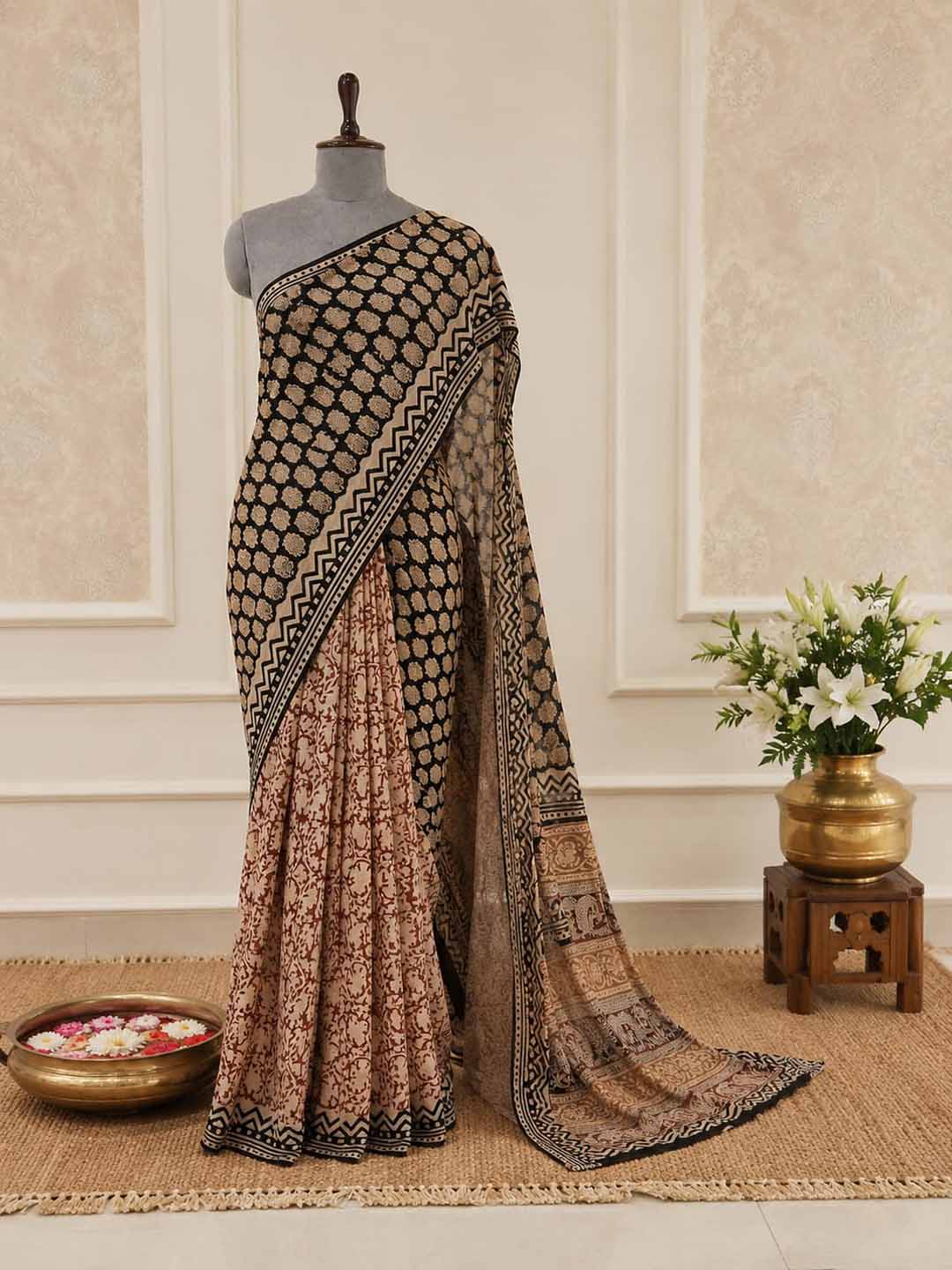 Beige and Black Floral Print Cotton Saree