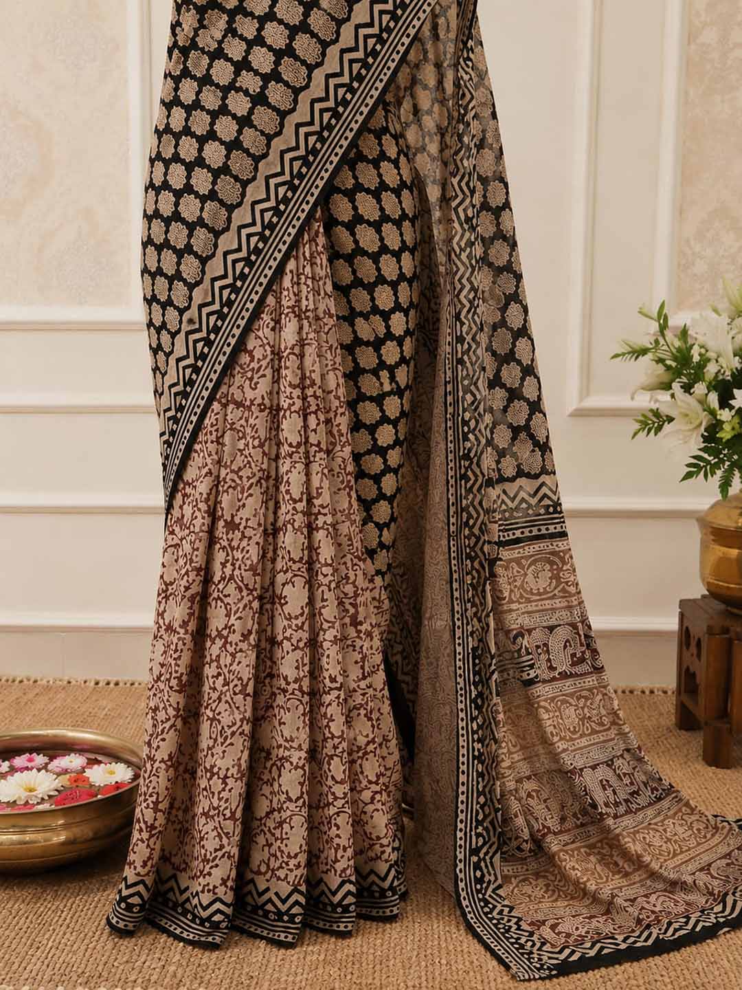 Beige and Black Floral Print Cotton Saree