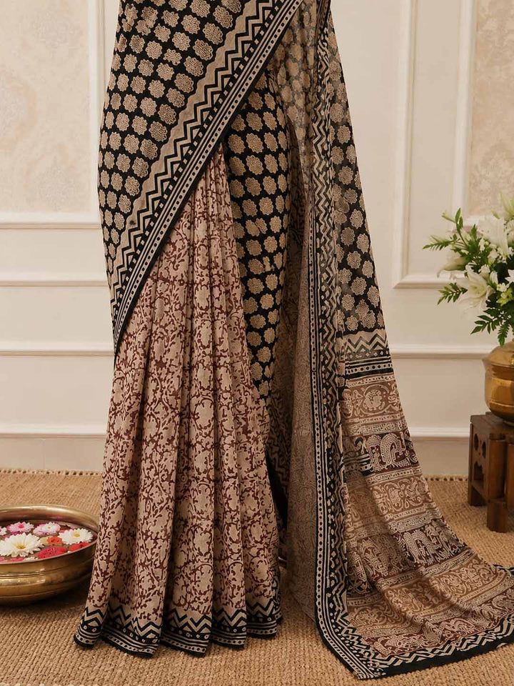 Beige and Black Floral Print Cotton Saree