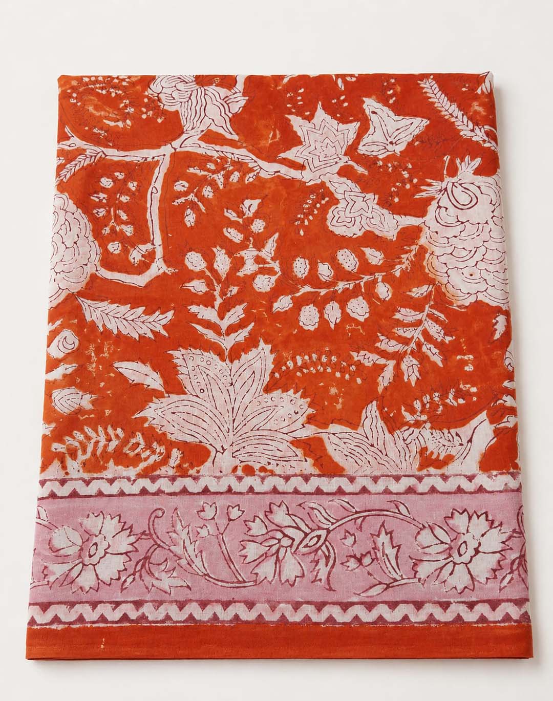 Orange Floral Hand Block Print Cotton Saree