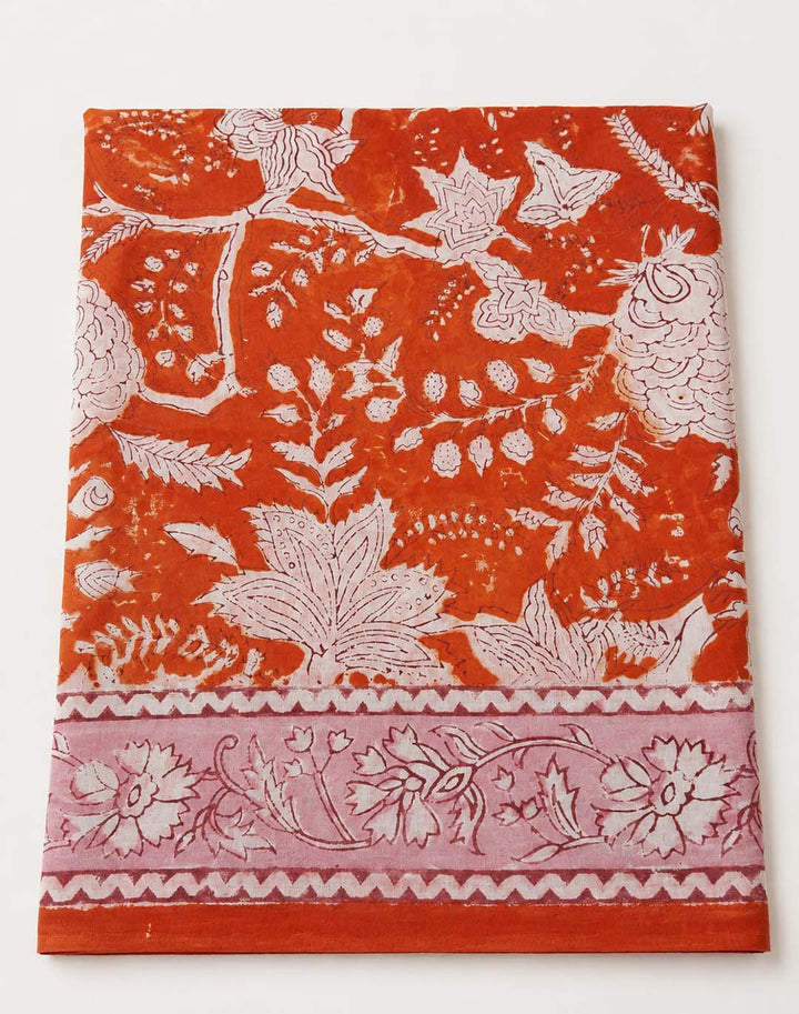 Orange Floral Hand Block Print Cotton Saree