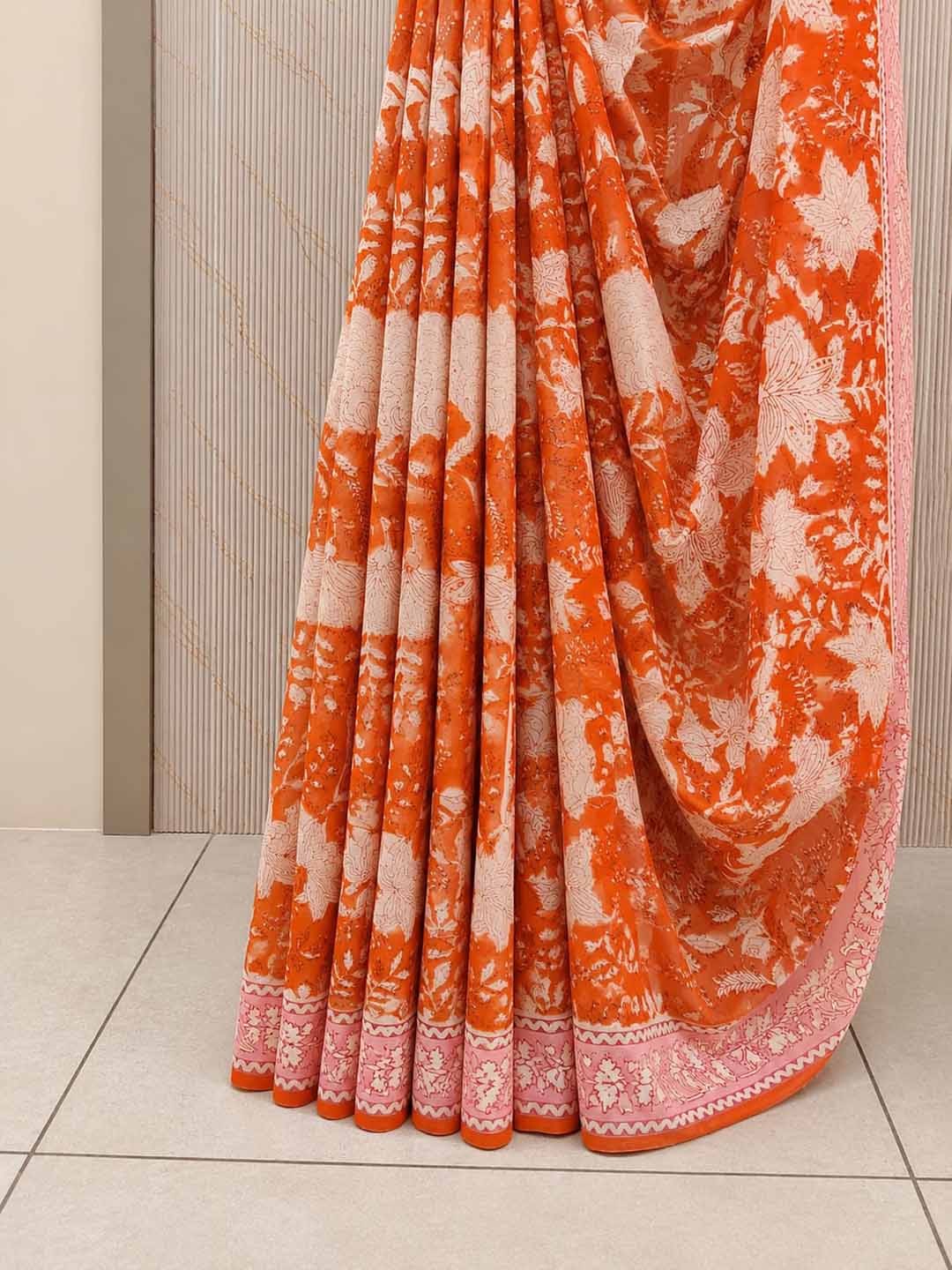 Orange Floral Hand Block Print Cotton Saree
