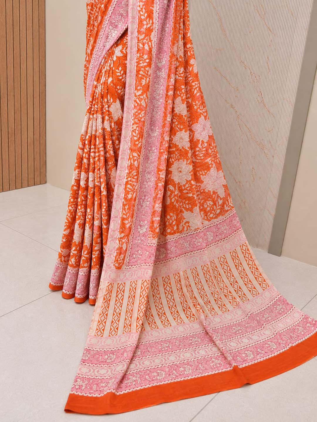 Orange Floral Hand Block Print Cotton Saree