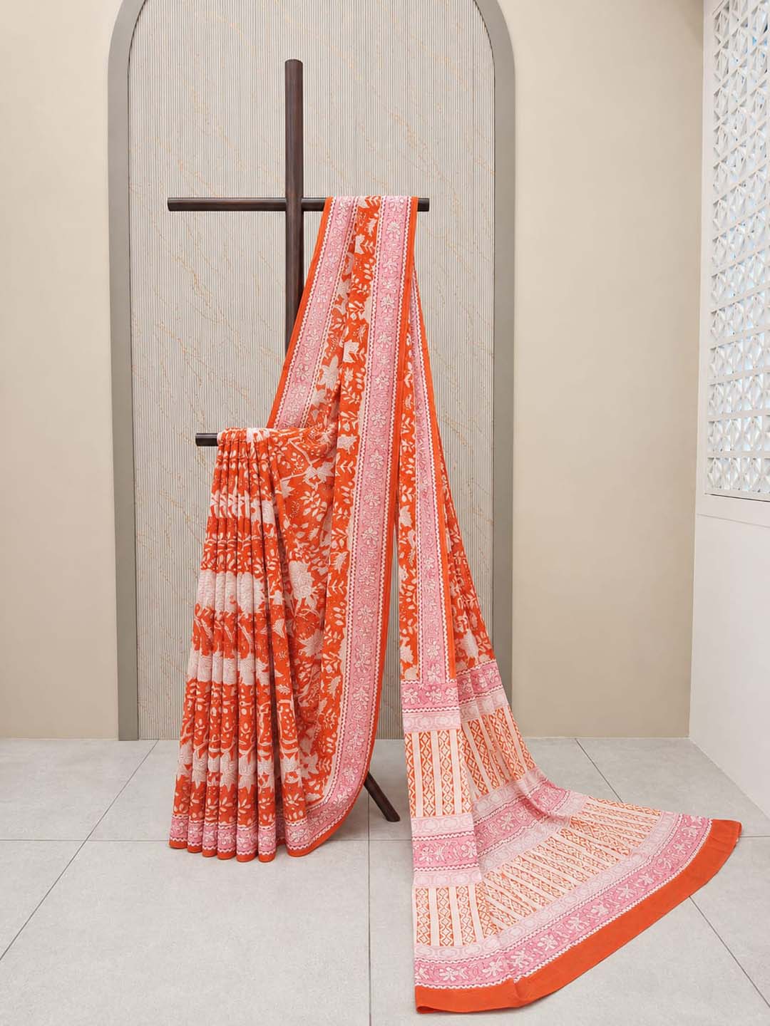 Orange Floral Hand Block Print Cotton Saree
