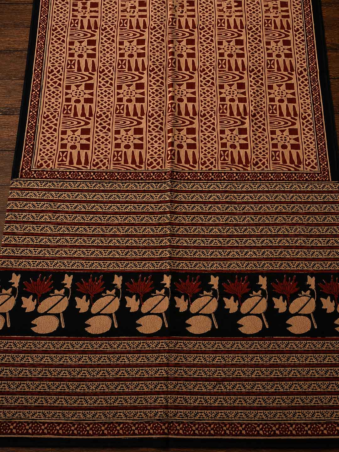 Nude And  Maroon Abstract Floral Block Print Cotton Saree