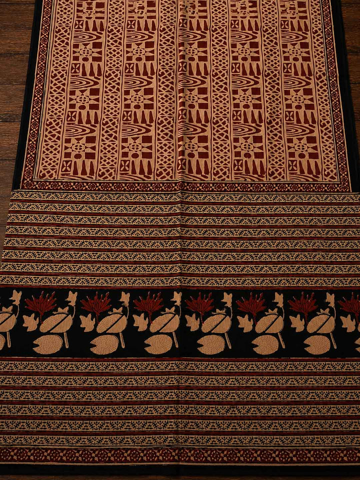 Nude And  Maroon Abstract Floral Block Print Cotton Saree