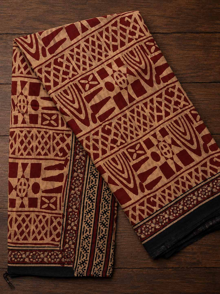 Nude And  Maroon Abstract Floral Block Print Cotton Saree