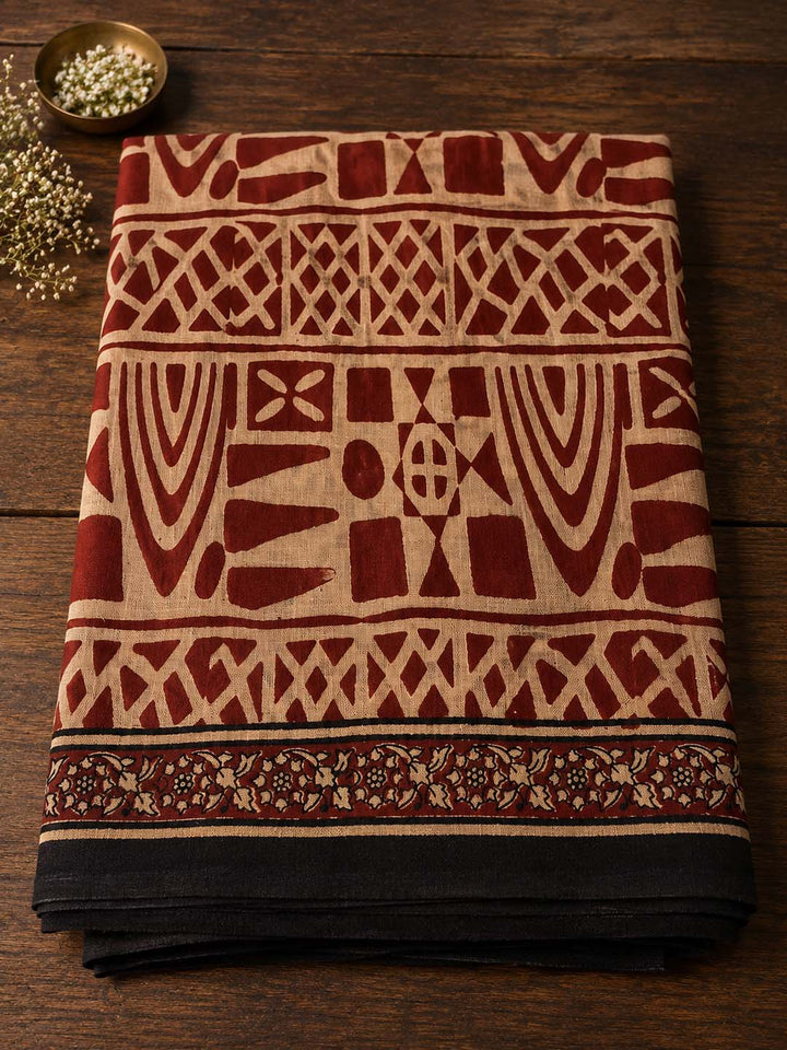 Nude And  Maroon Abstract Floral Block Print Cotton Saree