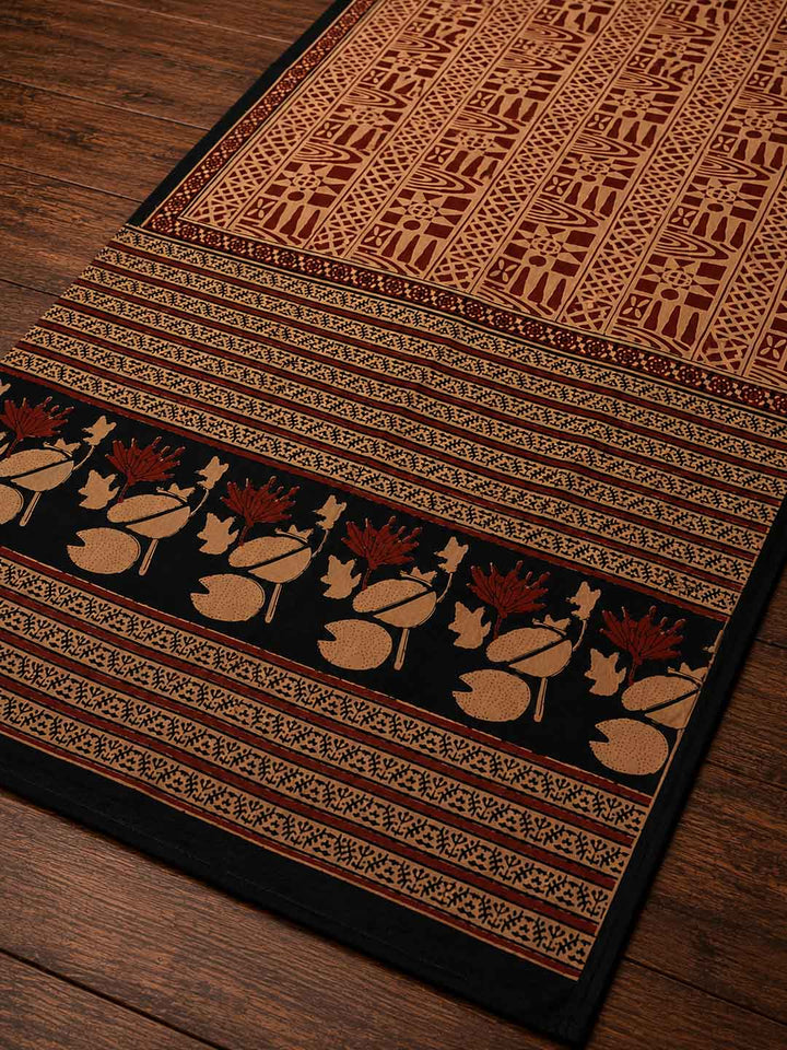 Nude And  Maroon Abstract Floral Block Print Cotton Saree