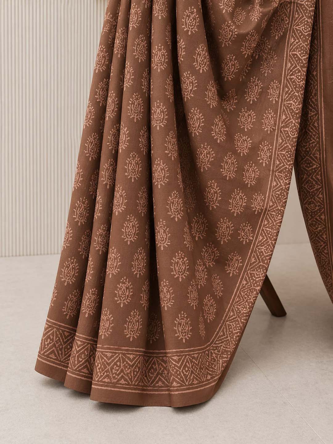 Coffee Brown Hand Block Print Cotton Saree