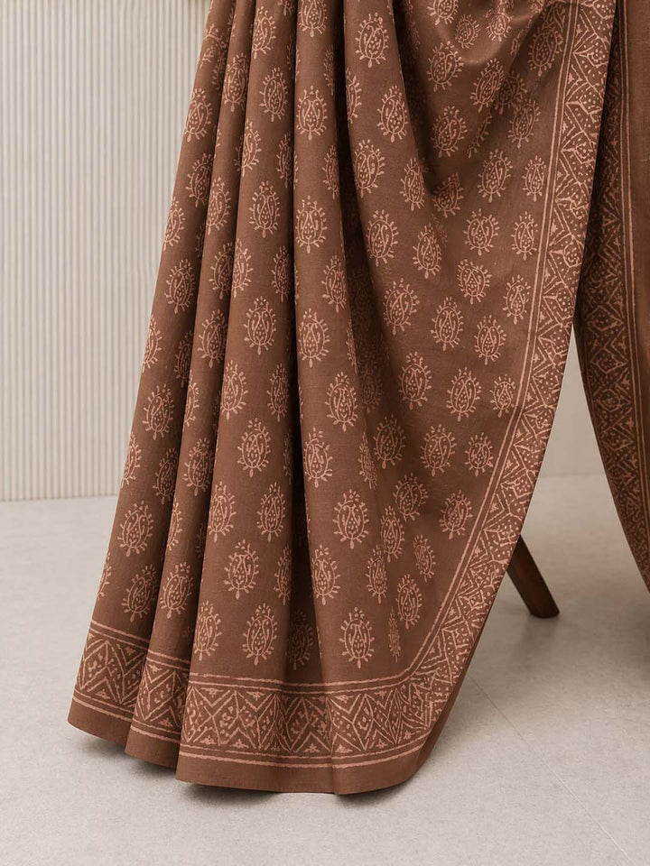 Coffee Brown Hand Block Print Cotton Saree