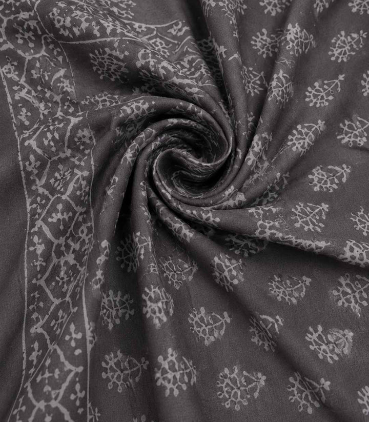 Grey Floral Hand Block Print Cotton Saree