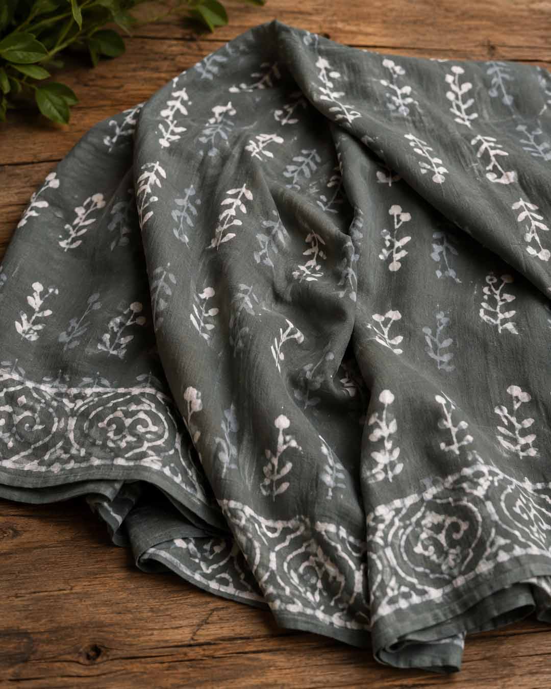 Grey Floral Hand Block Print Cotton Saree