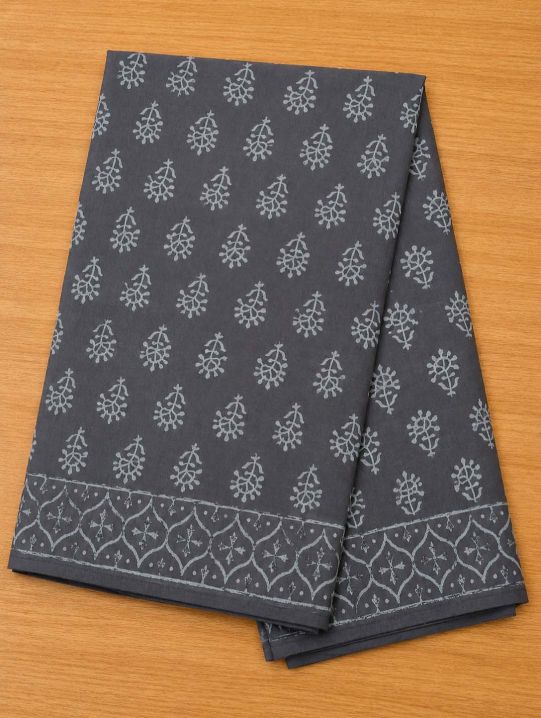 Grey Floral Hand Block Print Cotton Saree