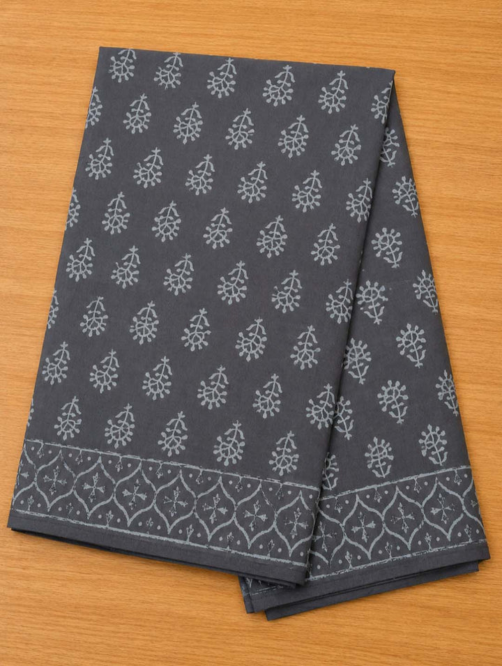 Grey Floral Hand Block Print Cotton Saree