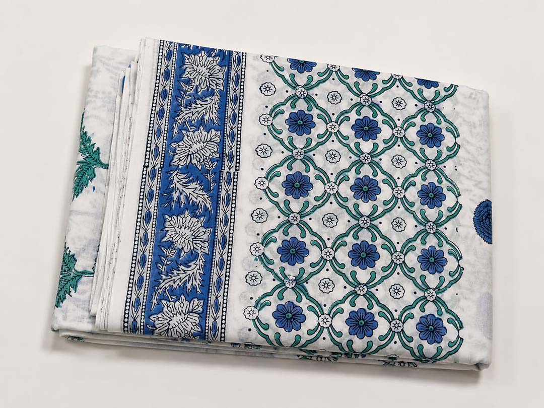 White And Blue Floral Hand Block Print Cotton Saree