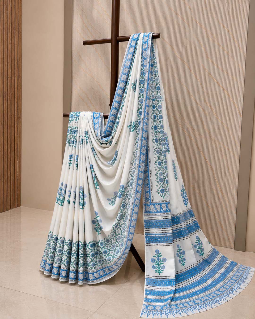 White And Blue Floral Hand Block Print Cotton Saree