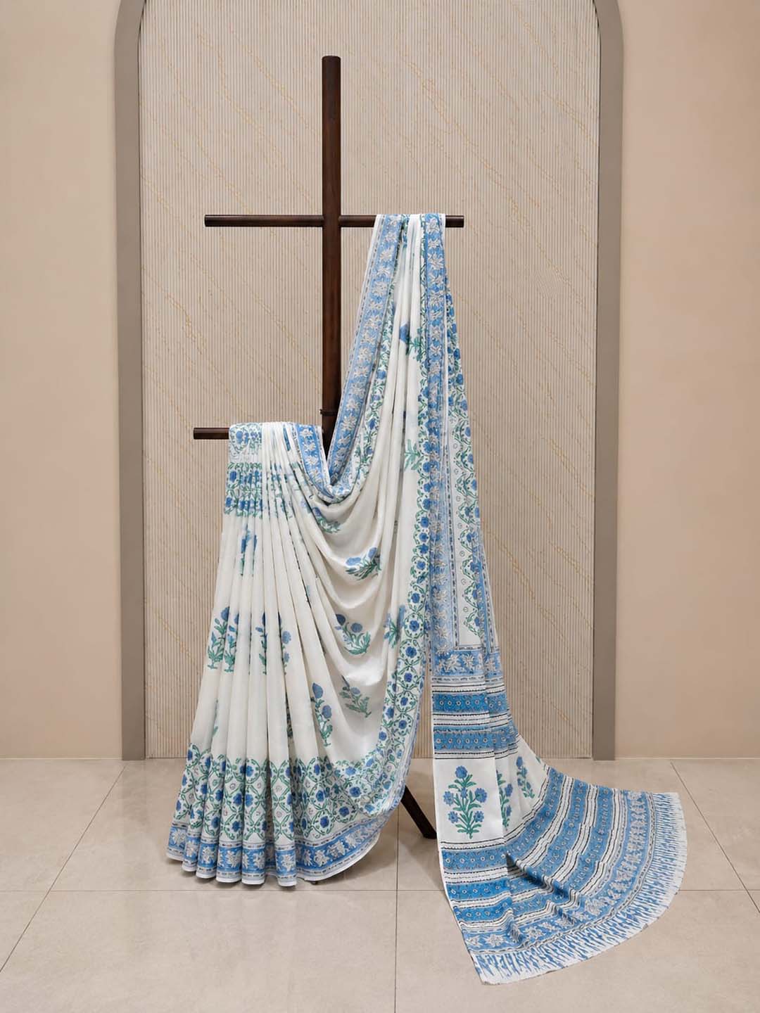 White And Blue Floral Hand Block Print Cotton Saree