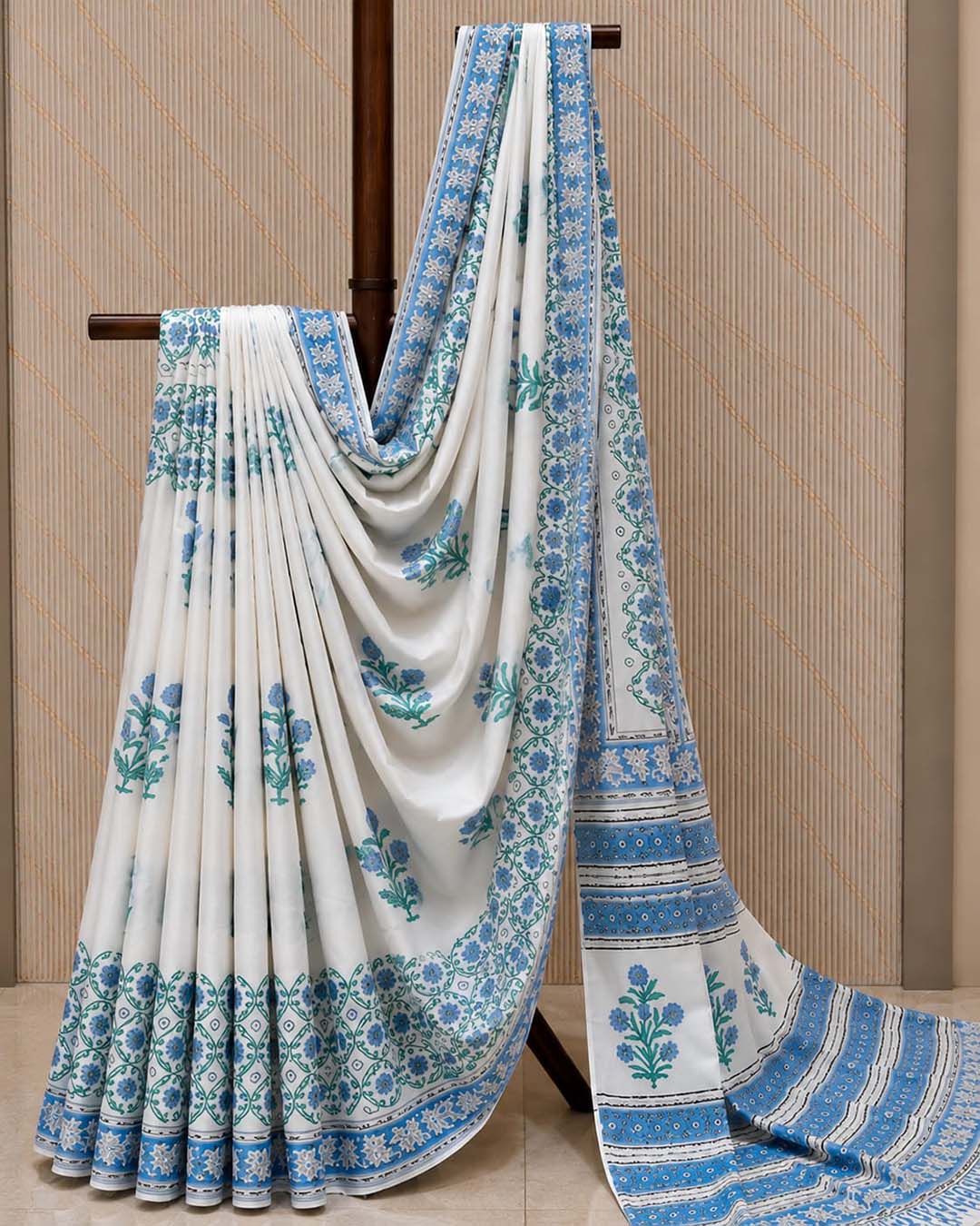 White And Blue Floral Hand Block Print Cotton Saree