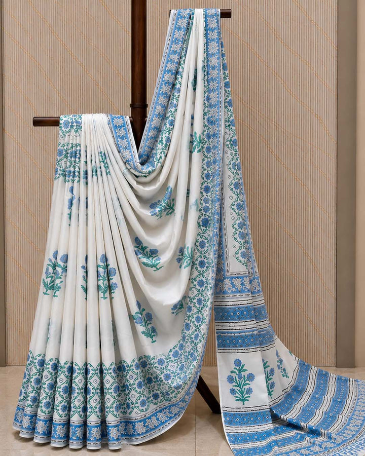 White And Blue Floral Hand Block Print Cotton Saree
