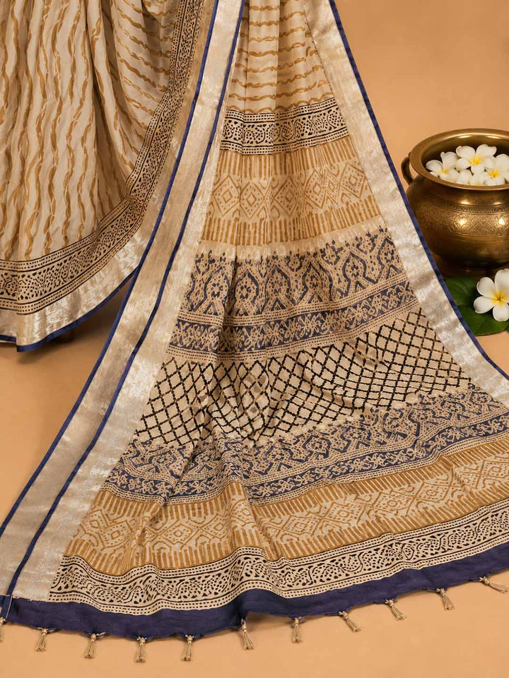 Beige And  Yellow Hand Block Print Linen Cotton Saree