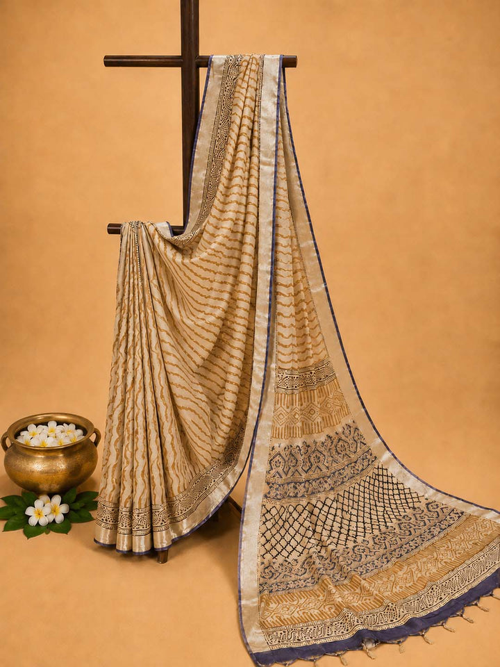 Beige And  Yellow Hand Block Print Linen Cotton Saree