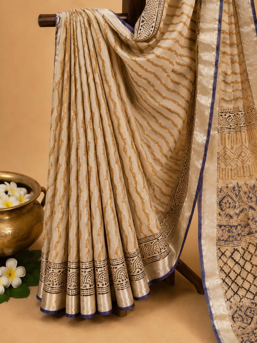 Beige And  Yellow Hand Block Print Linen Cotton Saree