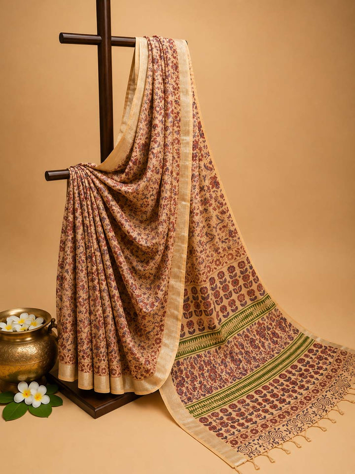 Light Peach  Floral Hand Block Print Linen Cotton Saree