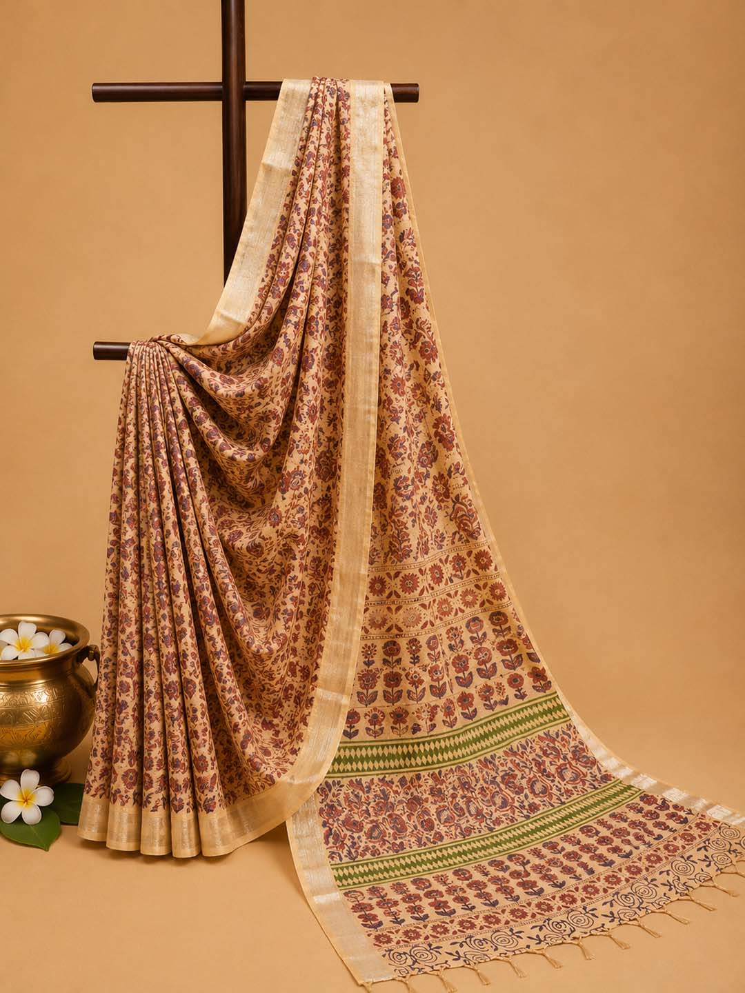 Light Peach  Floral Hand Block Print Linen Cotton Saree