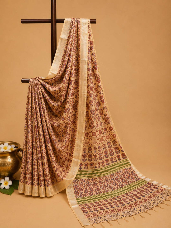 Light Peach  Floral Hand Block Print Linen Cotton Saree