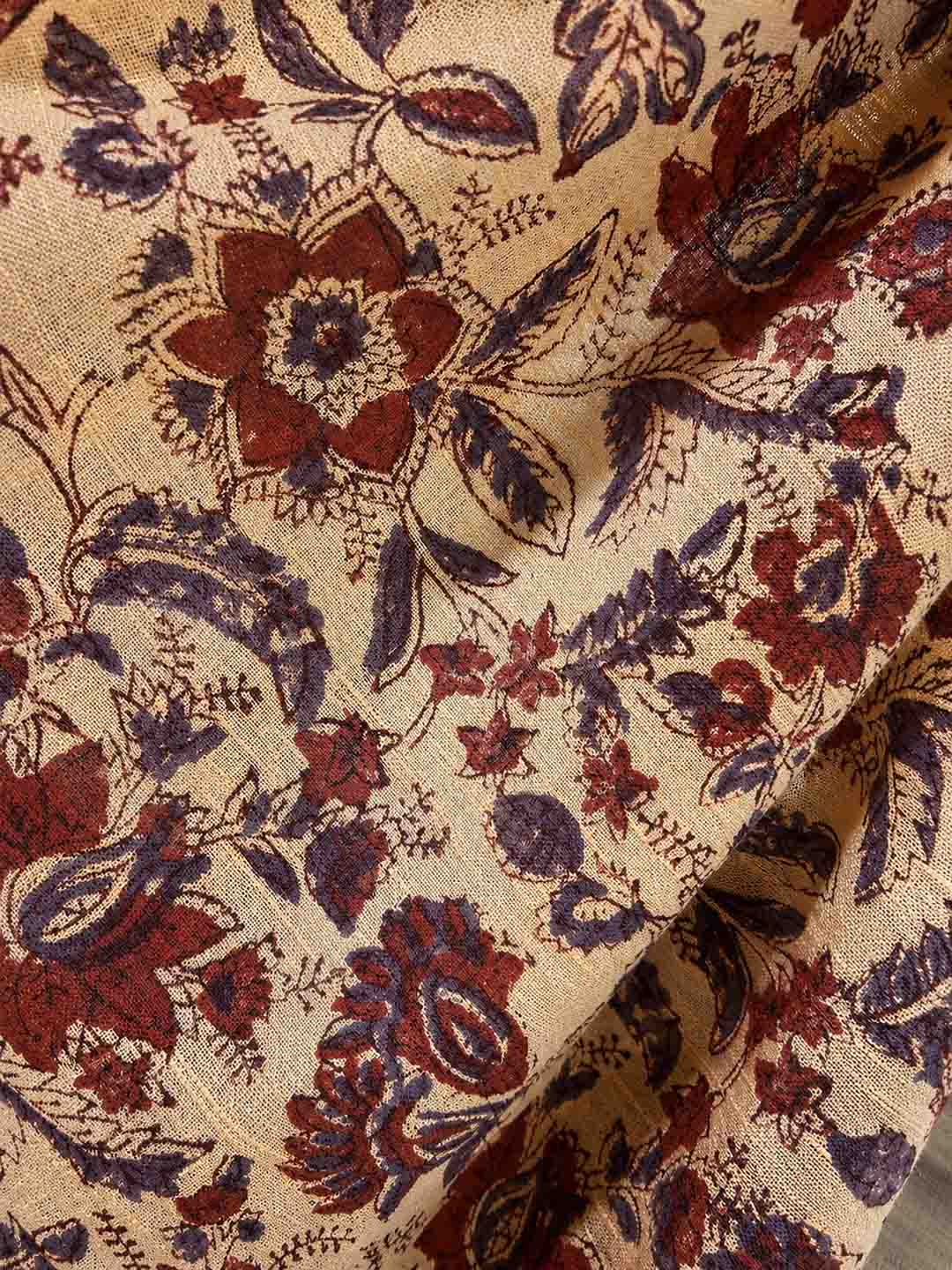 Light Peach  Floral Hand Block Print Linen Cotton Saree