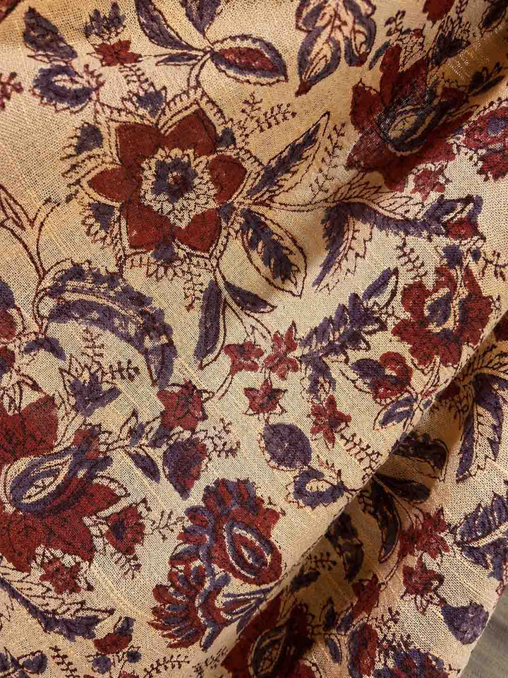 Light Peach  Floral Hand Block Print Linen Cotton Saree